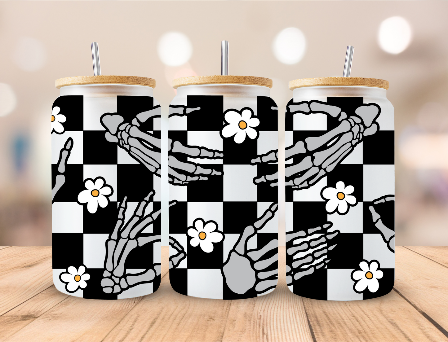 Skeleton hands with daisies and black checkered - UV Libby Wrap