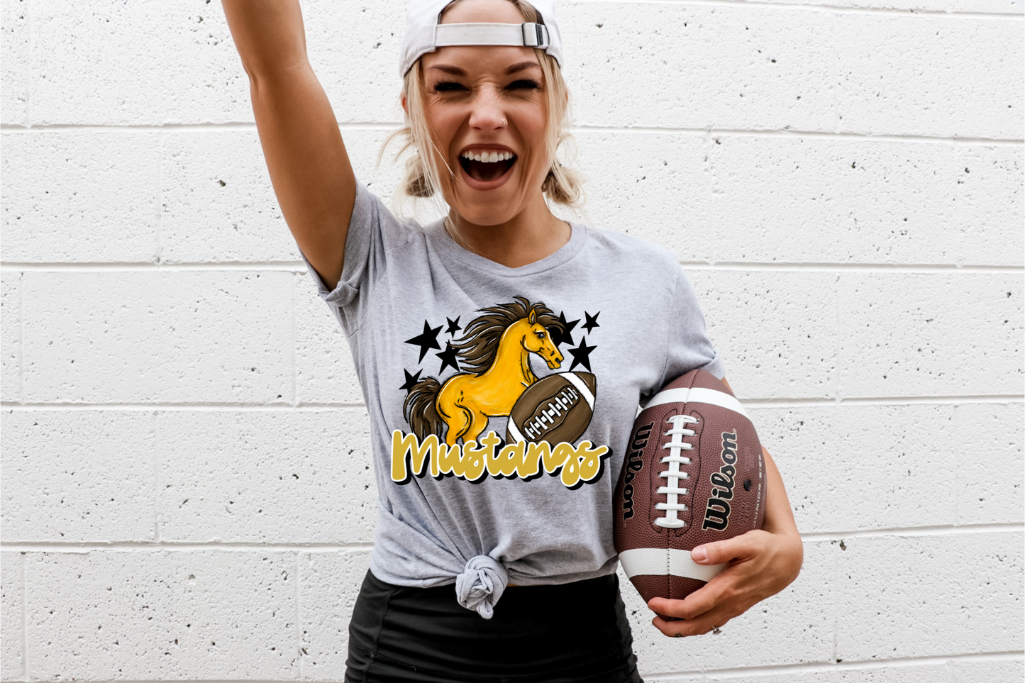 Mustangs with mascot- yellow letters