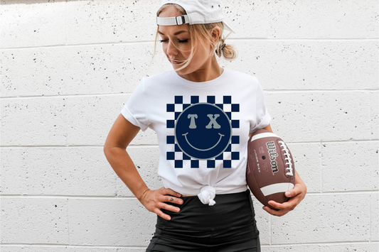 Texas, blue smiley and blue checkered
