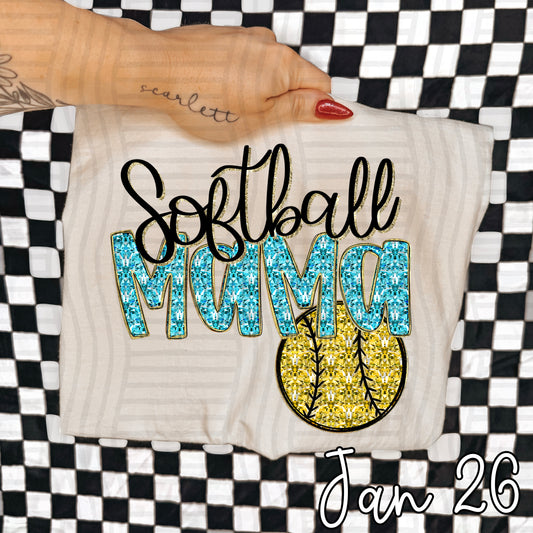 SOFTBALL MAMA BRIGHT BLUE FAUX SPARKLE