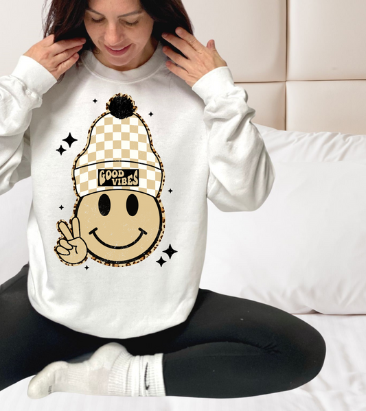 yellow checkered smiley beanie, good vibes