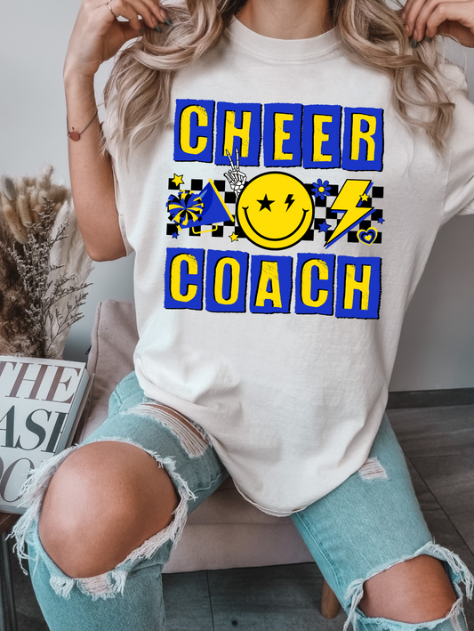 Cheer Coach Checkered Blue Smiley Face