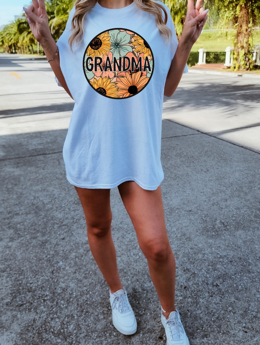 Grandma, sunflower background