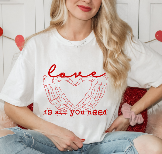 Love Is All You Need Red Letters Skeleton Hand Heart