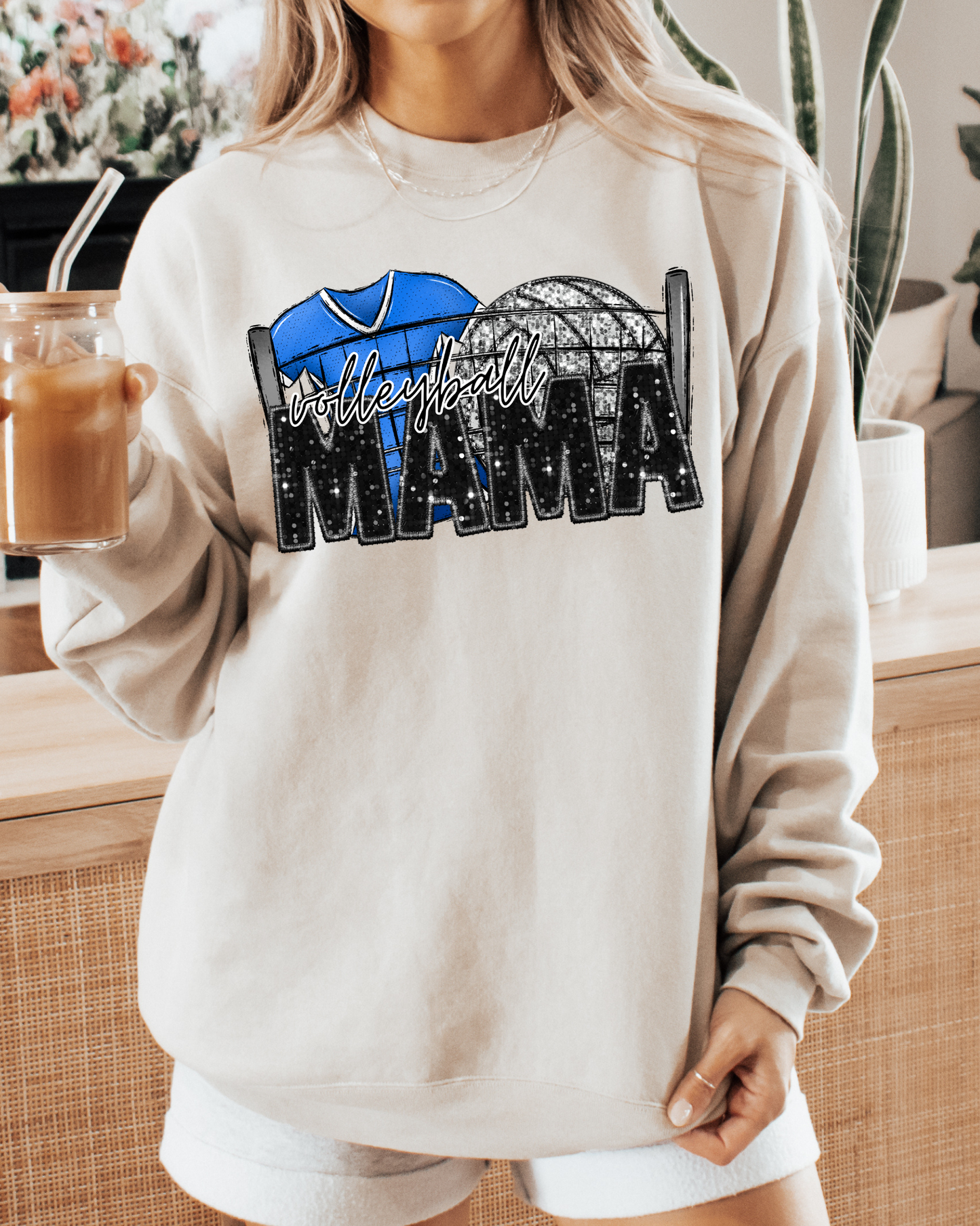 Volleyball Mama (blue jersey/glitter)