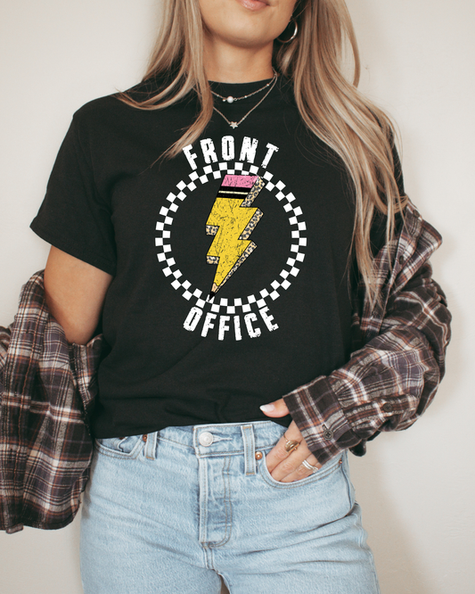 Front Office Pencil Lightning Bolt With Checkered Circle