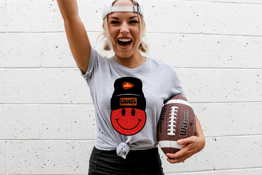 Kansas city Chiefs beanie smiley- red sparkle