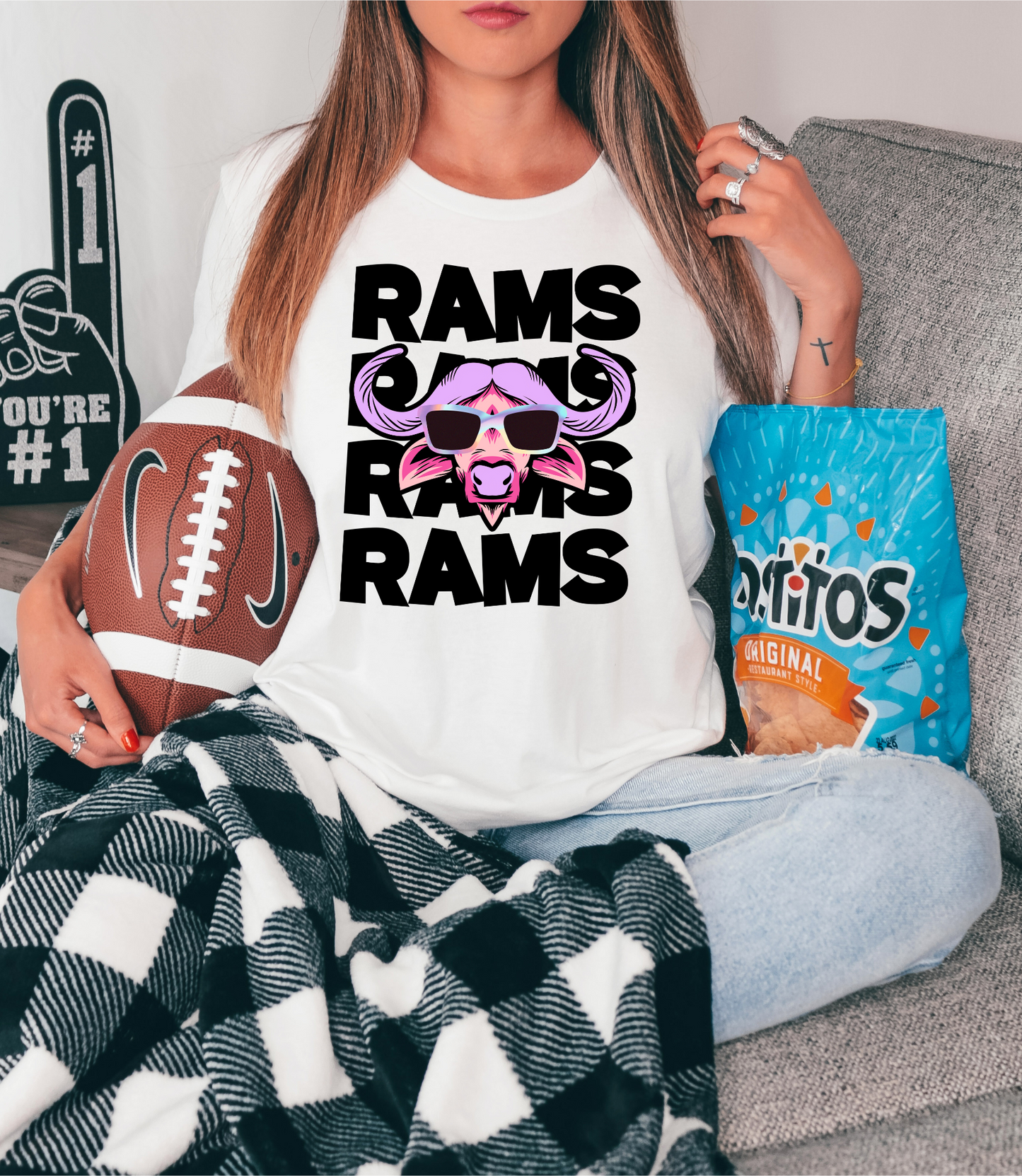 Rams with pink ram in glasses - black letters