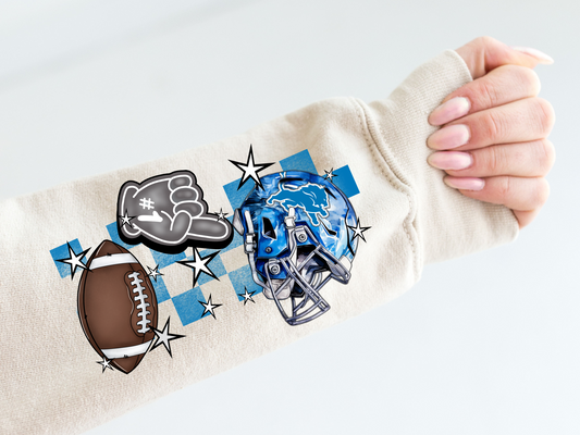 Lions helmet, foam finger, football, blue checkered - sleeve