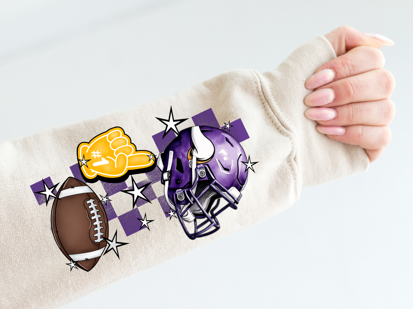 Vikings helmet, foam finger, football, purple checkered - sleeve