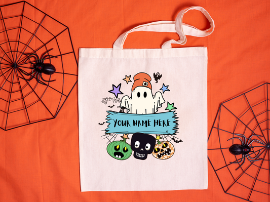 Ghost in beanie with pumpkins, skulls and personalization sign