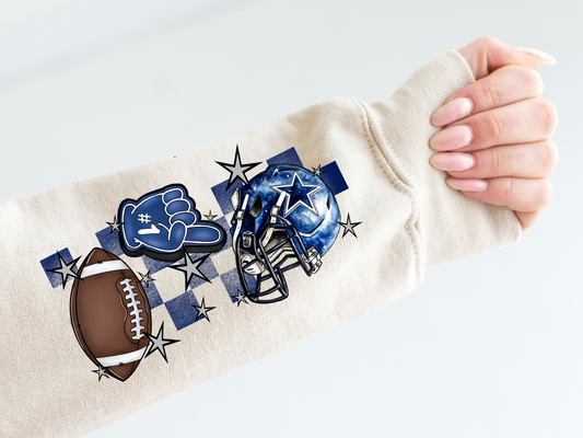 Cowboy helmet, foam finger, football, blue checkered - sleeve