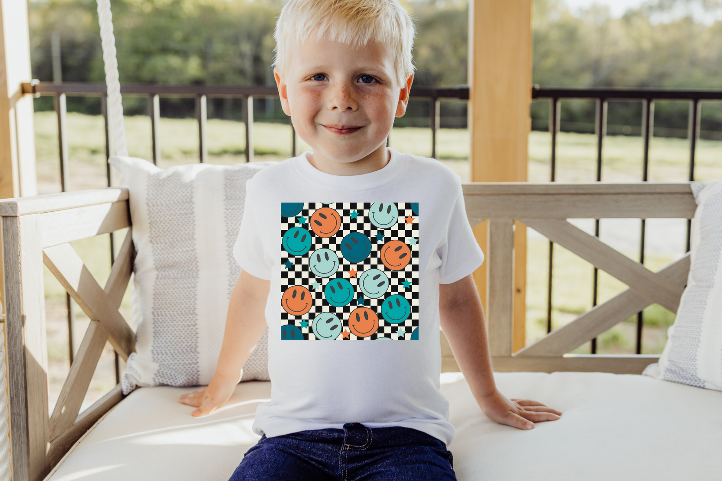 Boy Smiley Face Seamless Checkered Pattern