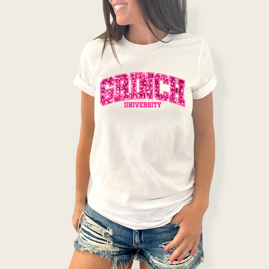 faux sequin green man university pink
