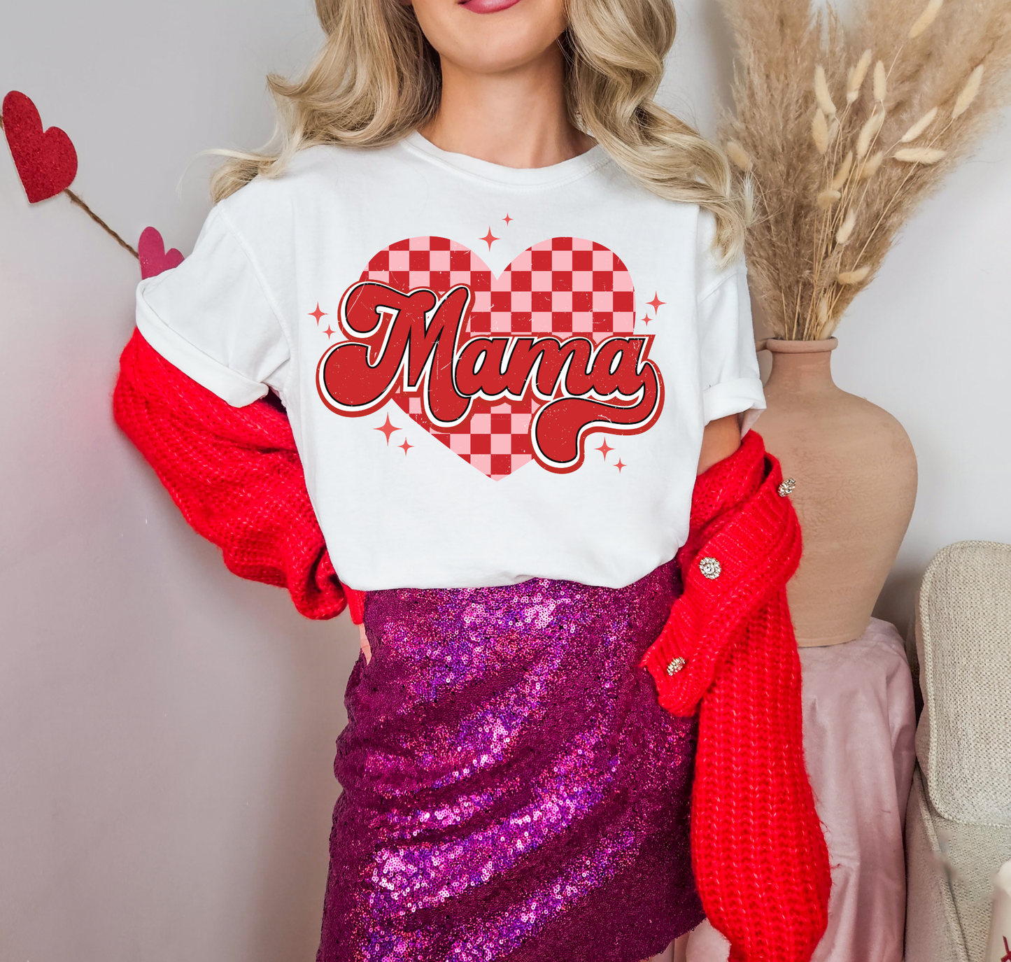 Mama Red Checkered Heart