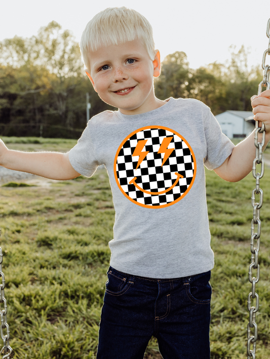 Orange Checkered Smiley Face Lighting Bolt Eyes