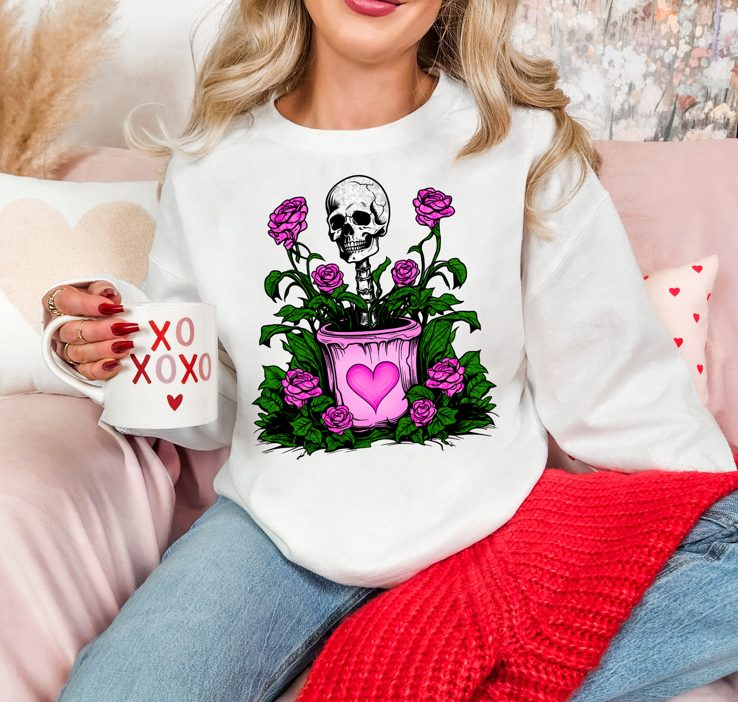 Skeleton In Heart Pot With Flowers