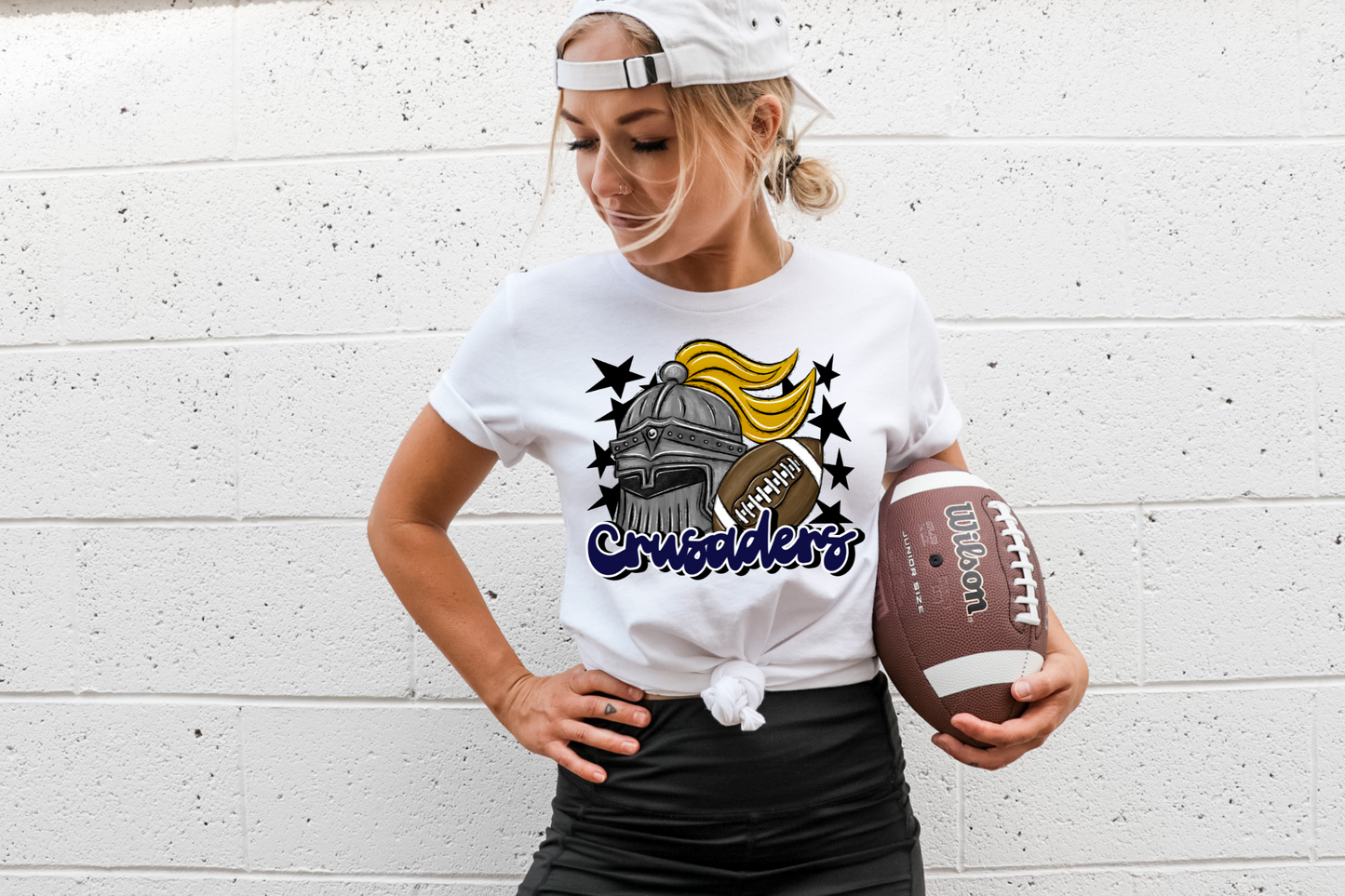 Crusaders with mascot- dark blue letters