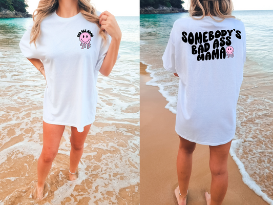 Badass mama, black with pink smiley-front