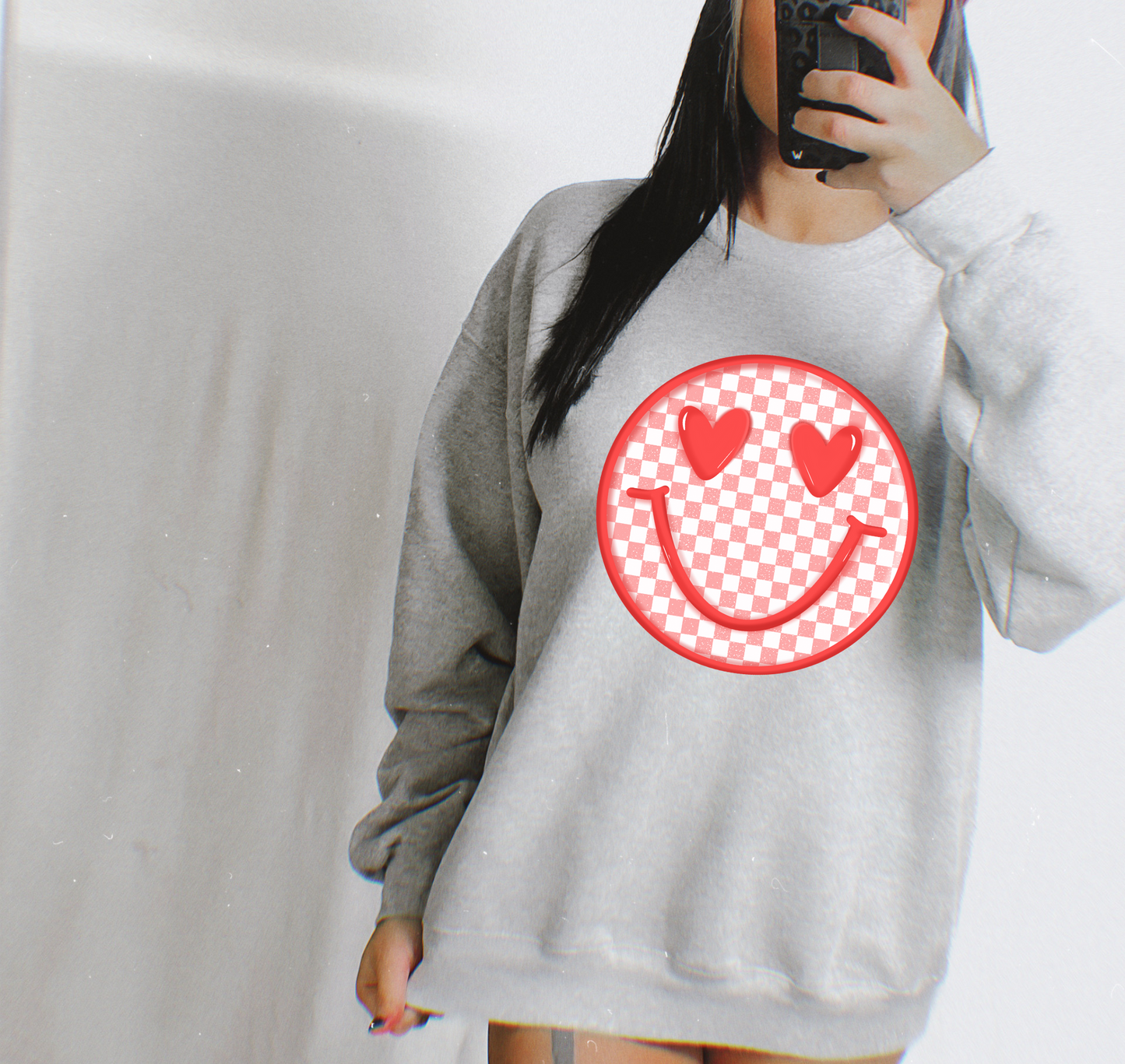 Pink Checker Smiley Heart Eyes-DTF Transfer