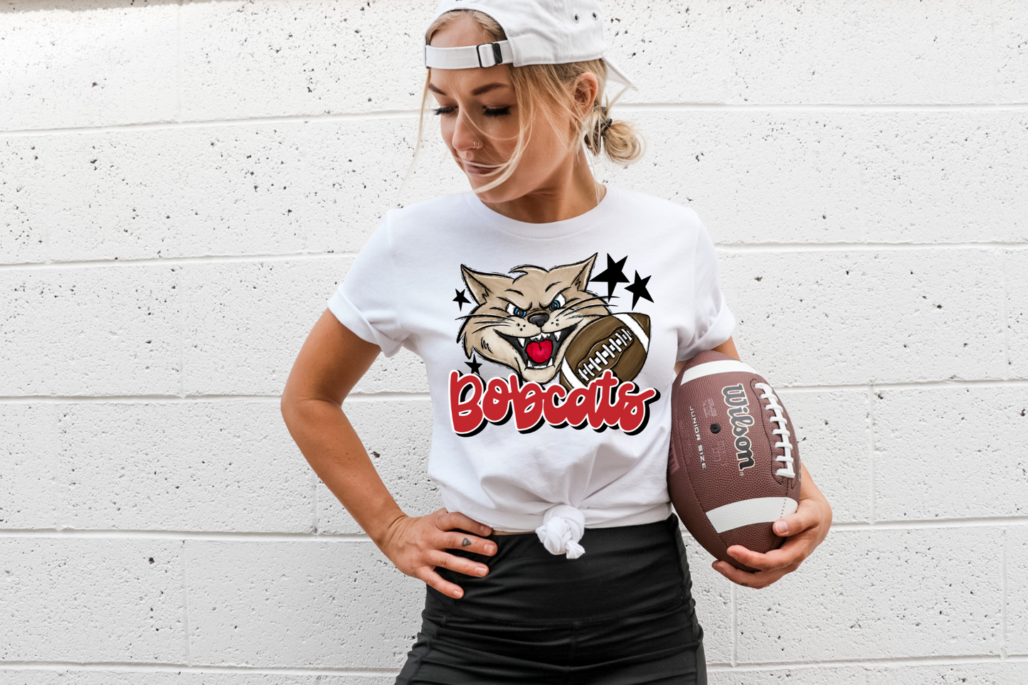 Bobcats with mascot- red letters