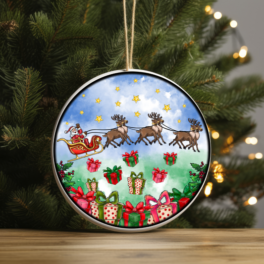 Santa gliding in the air with reindeer - UV DTF