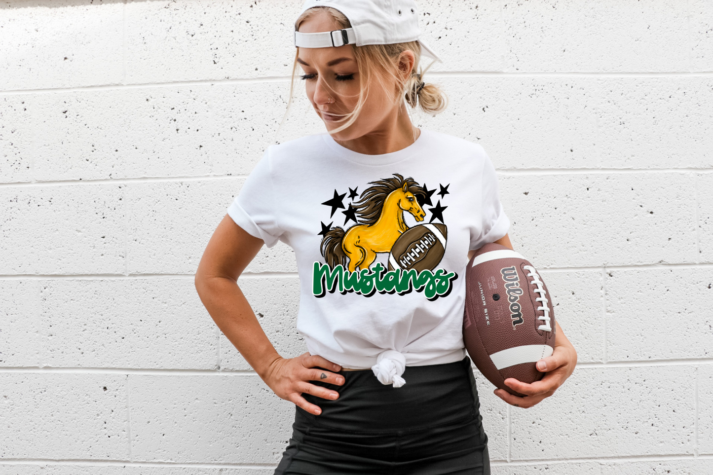 Mustangs with mascot- green letters