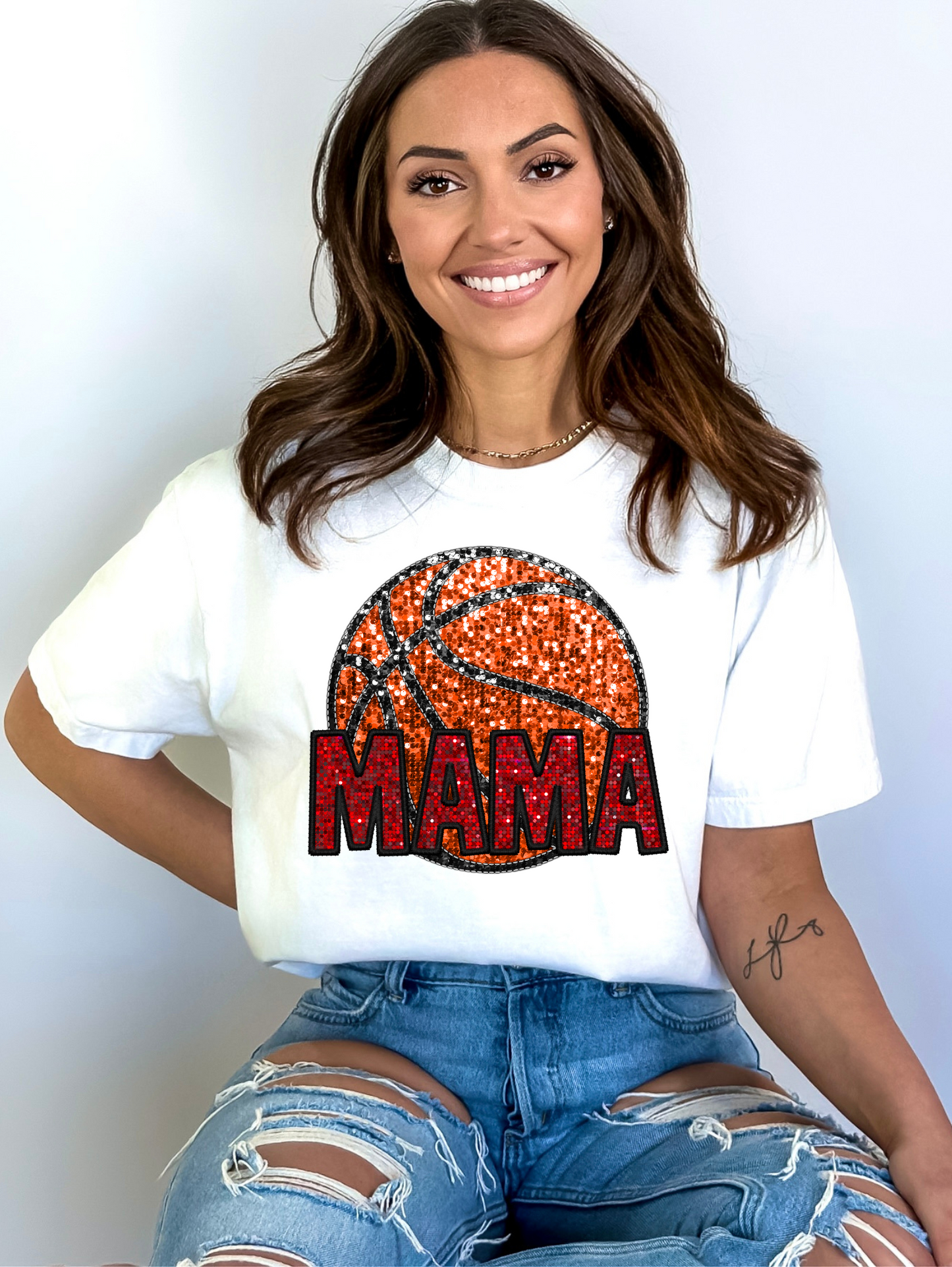 Mama with basketball - faux sequin and red