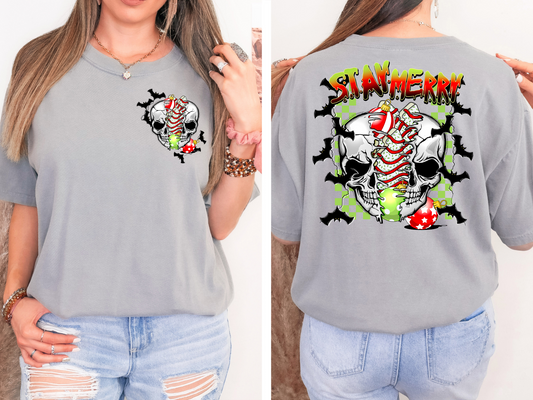 Skull with Christmas tree cakes and bats - front