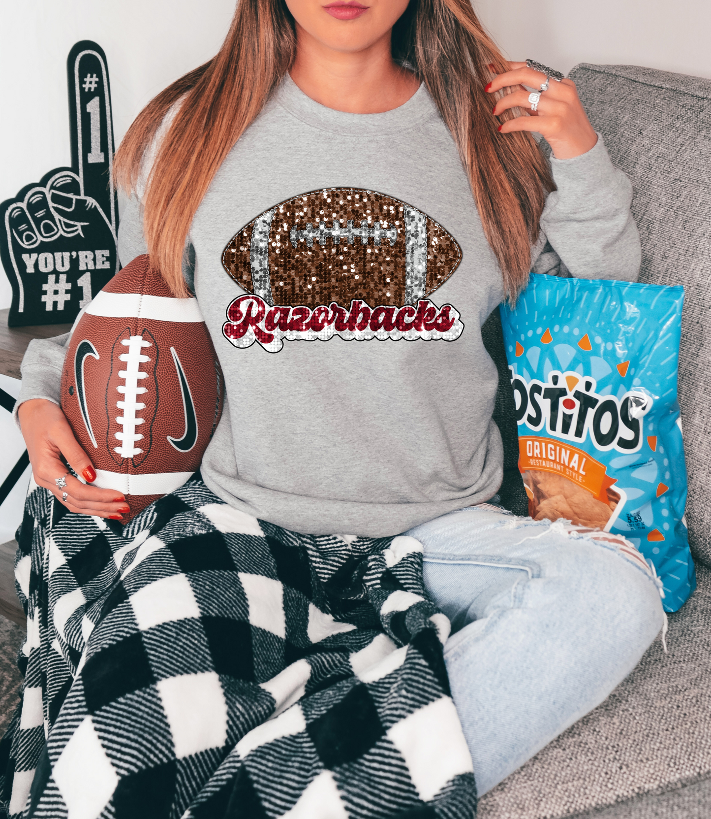 Razorbacks, sequin - football red & white