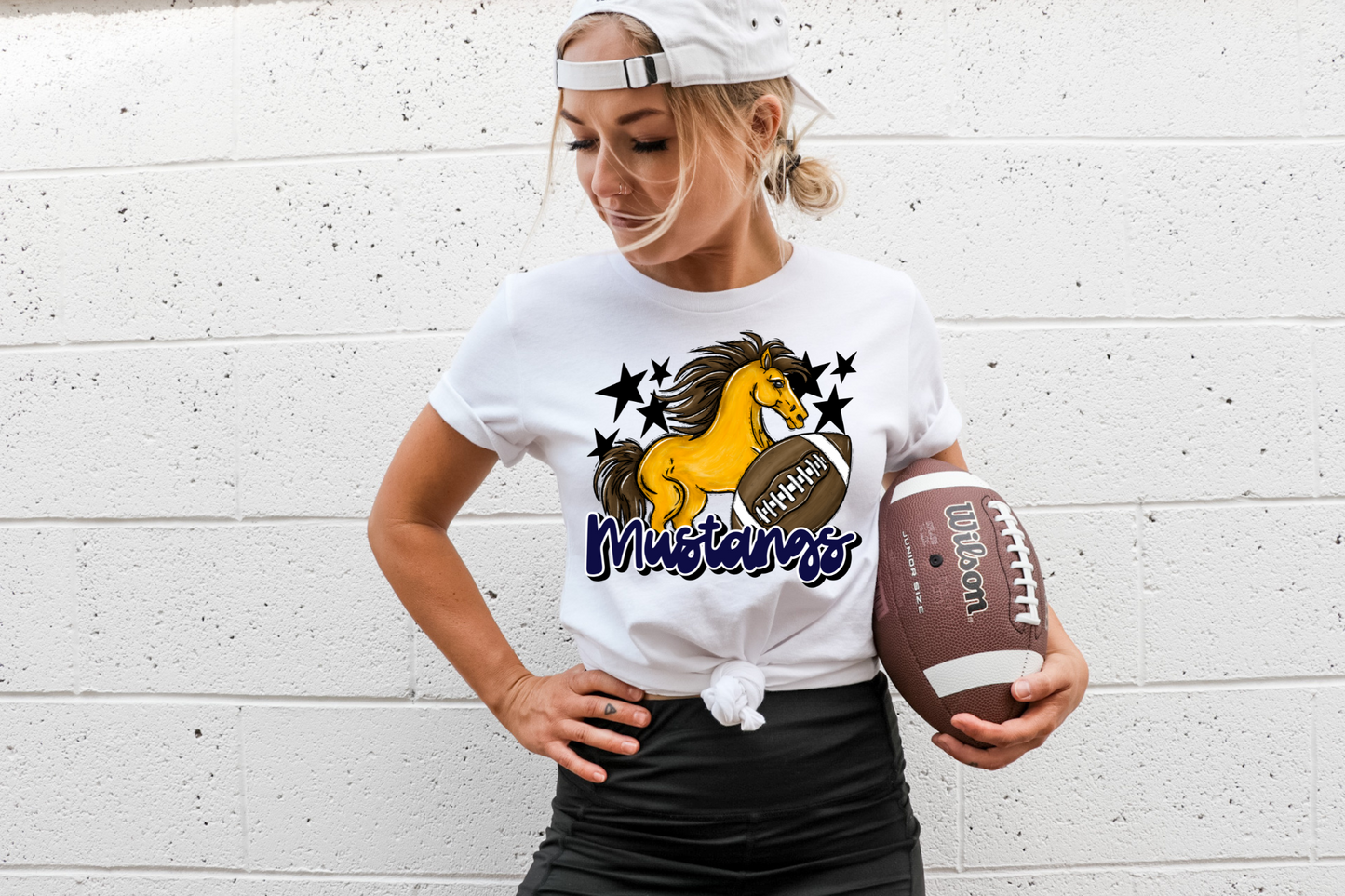 Mustangs with mascot- dark blue letters