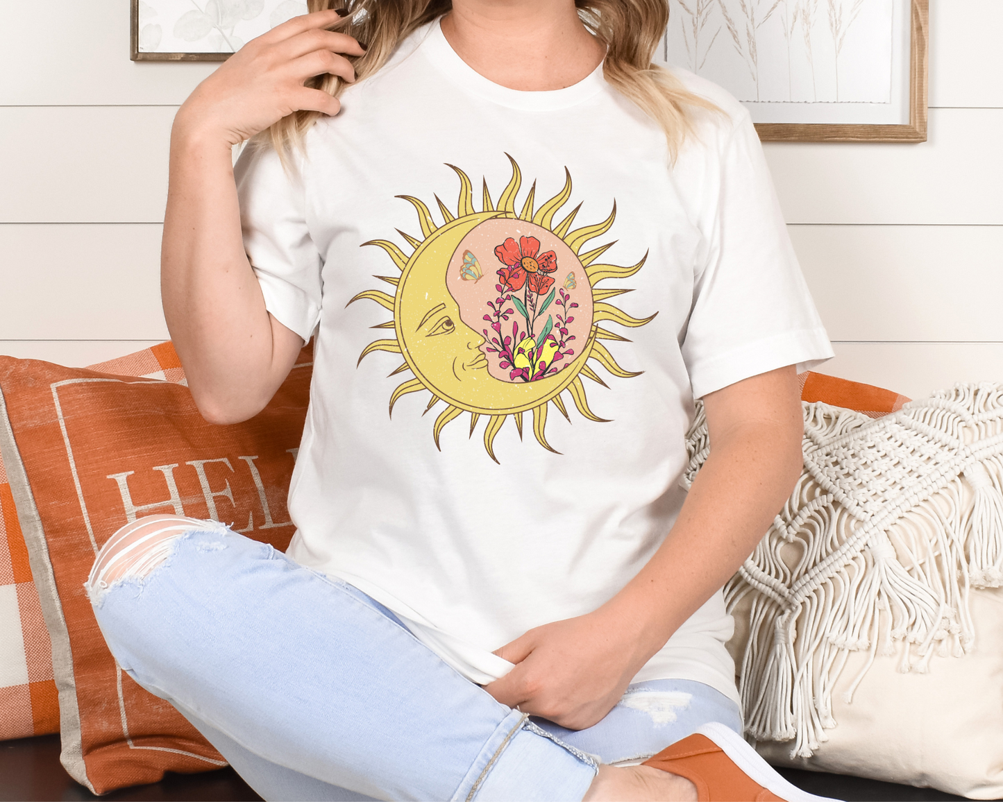 Sun and moon with flowers and butterflies