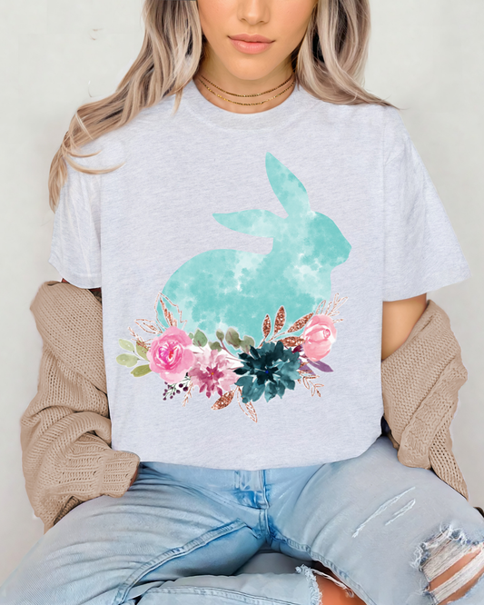 Blue watercolor bunny w/flowers
