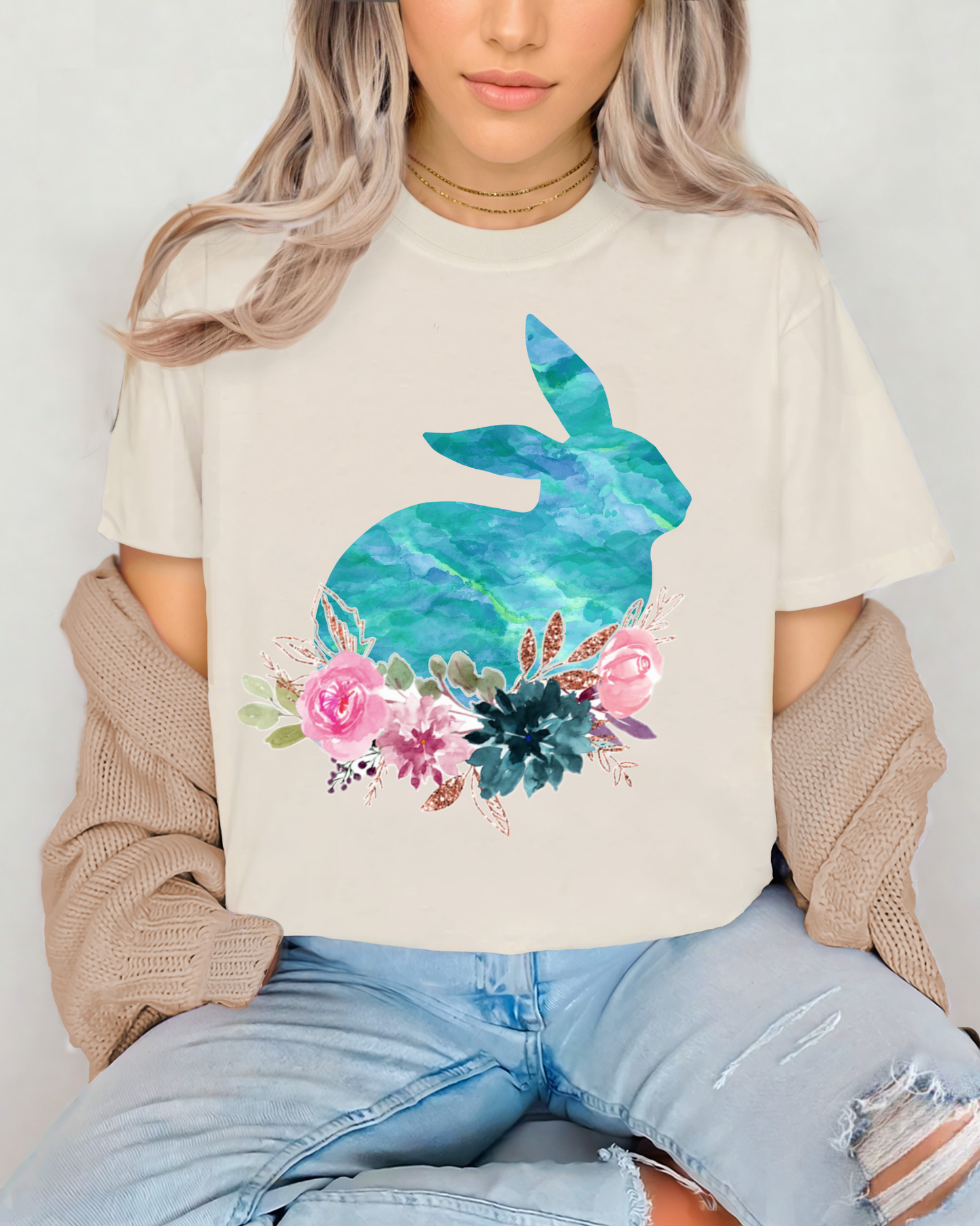 Blue/green watercolor bunny w/flowers