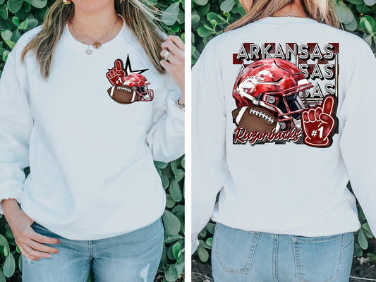 Razorback helmet, foam finger and football - front