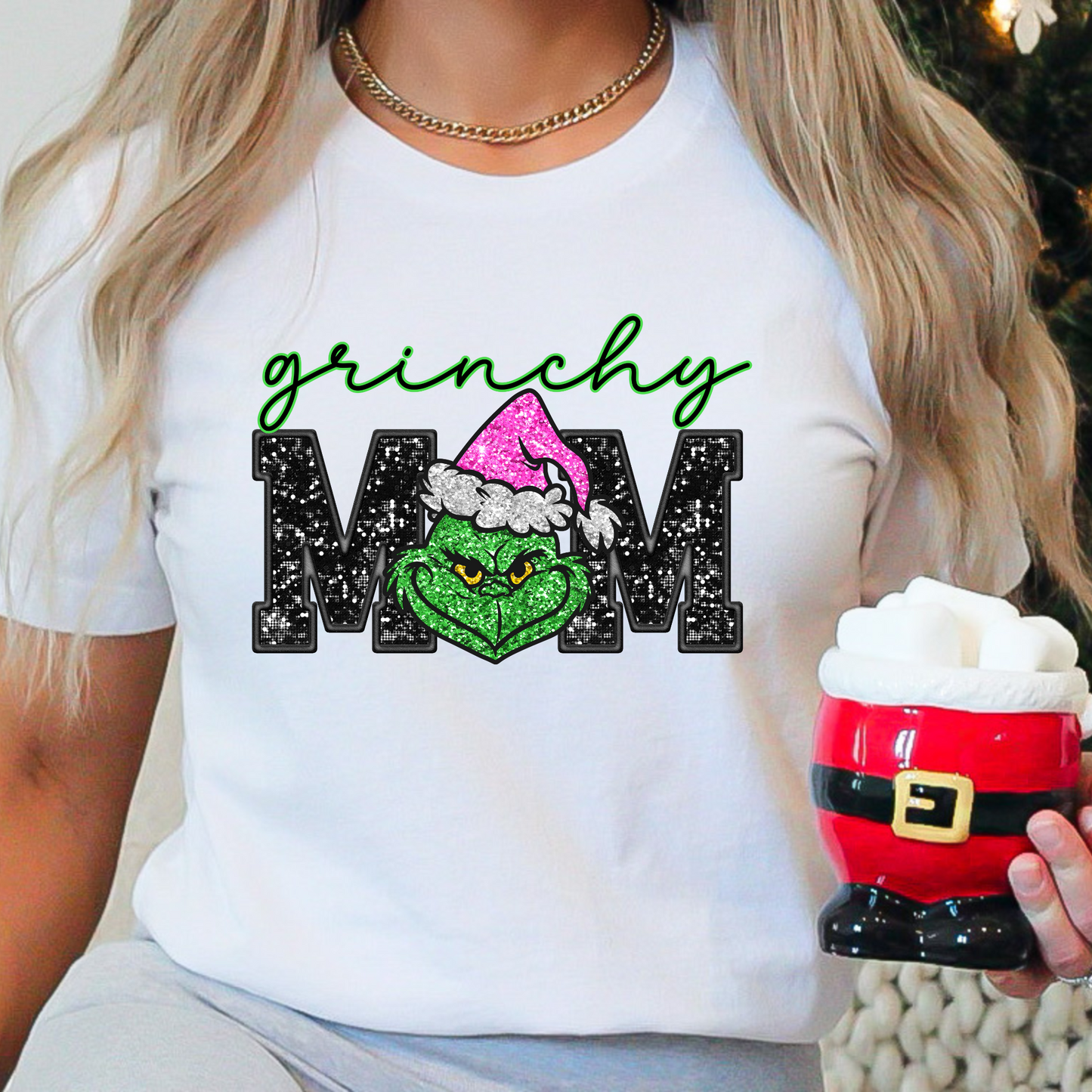 Grinchy Mom - pink hat faux sequins