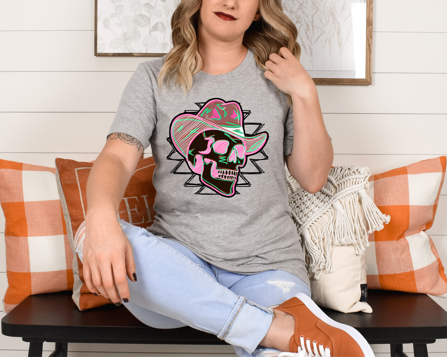 Pink and green skull with cowboy hat