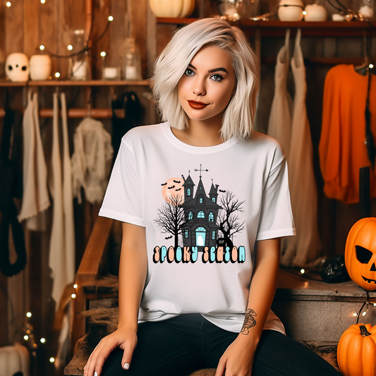 Blue orange spooky season mansion