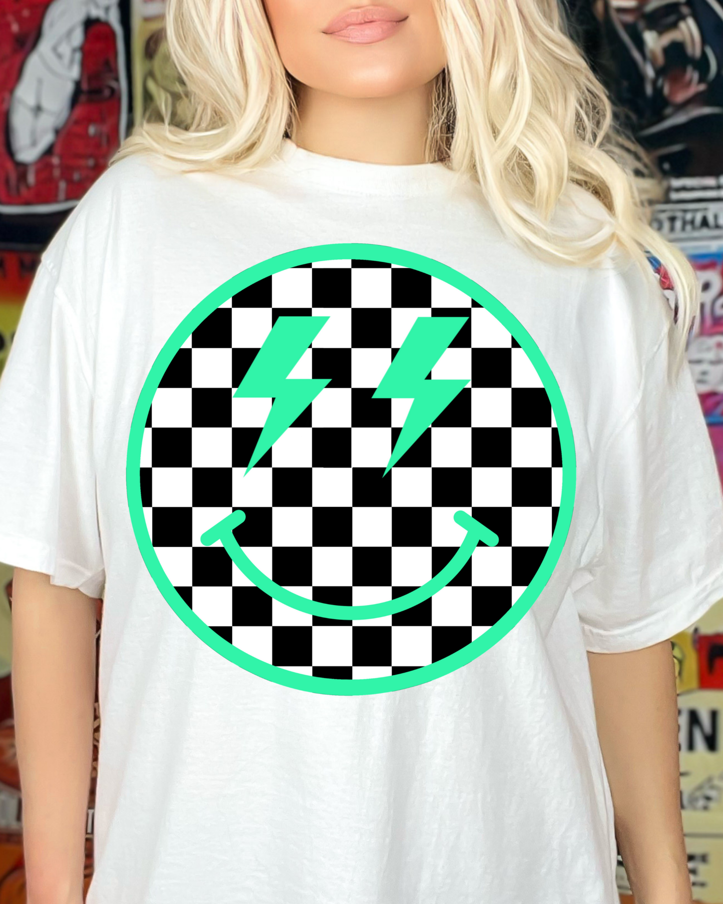 Smiley Face Coastal Blue With Black And White Checkered