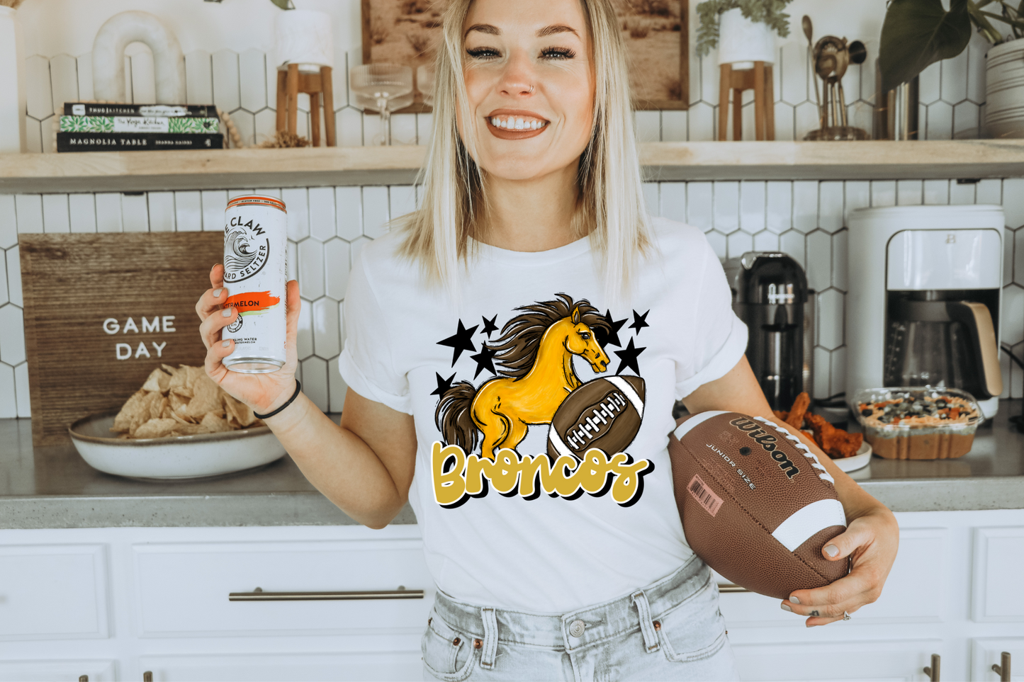 Broncos with mascot- yellow letters