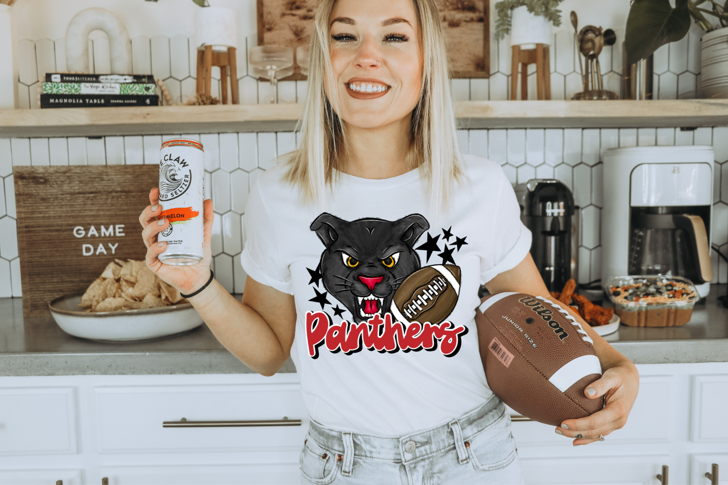 Panthers with mascot- red letters