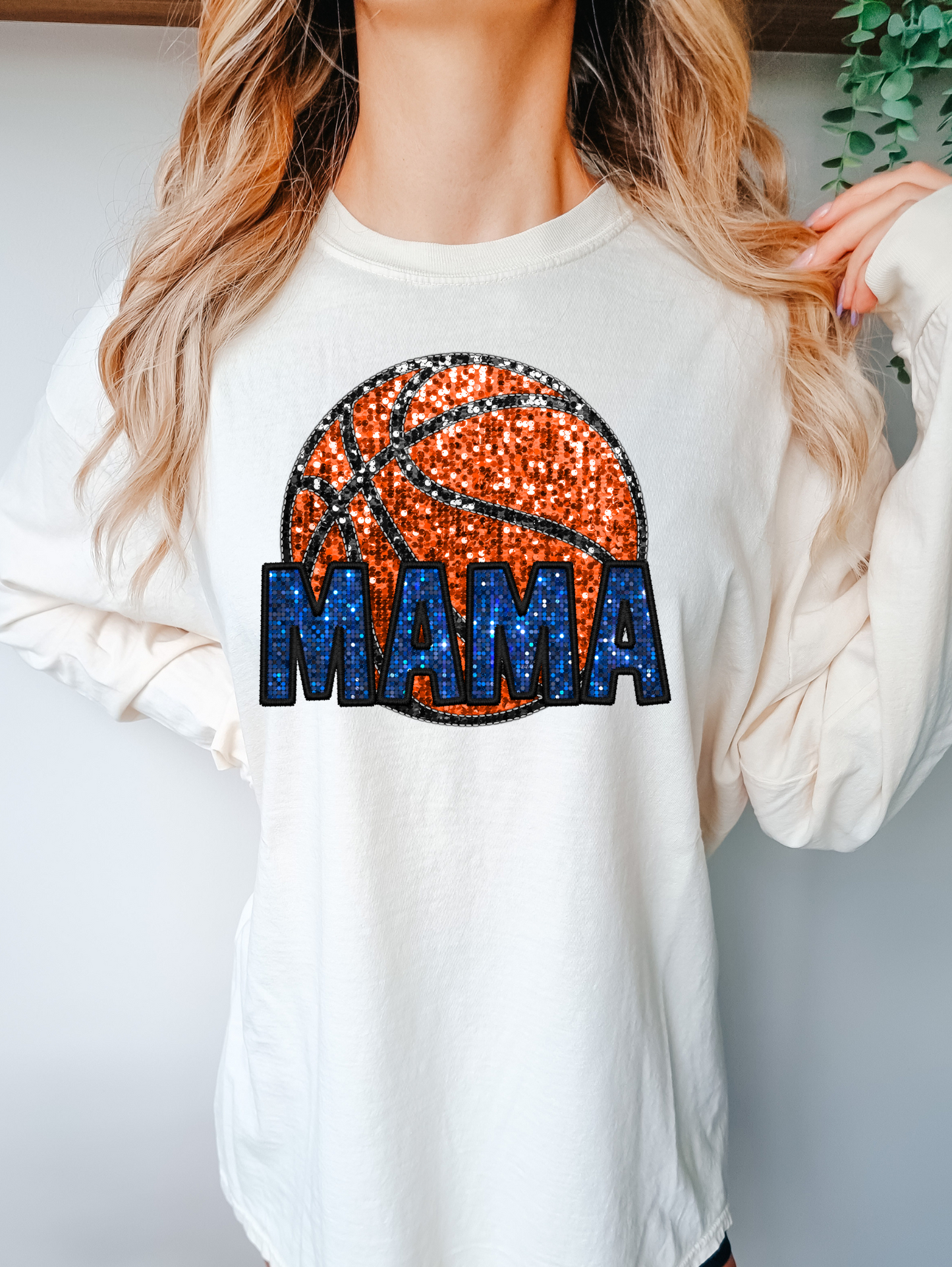 Mama with basketball - faux sequin and blue