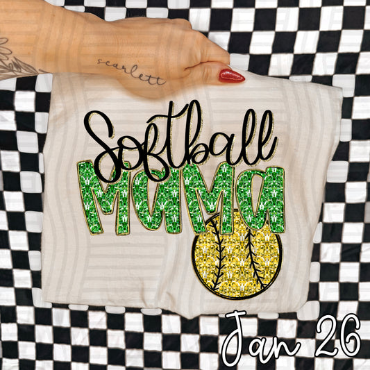 SOFTBALL MAMA GREEN FAUX SPARKLE