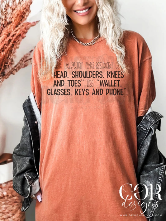 Adult version of head, shoulders, knees and toes..wallet, glasses, keys and phone