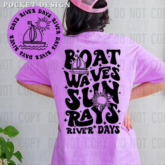 Boat waves sun rays river days-black (back)