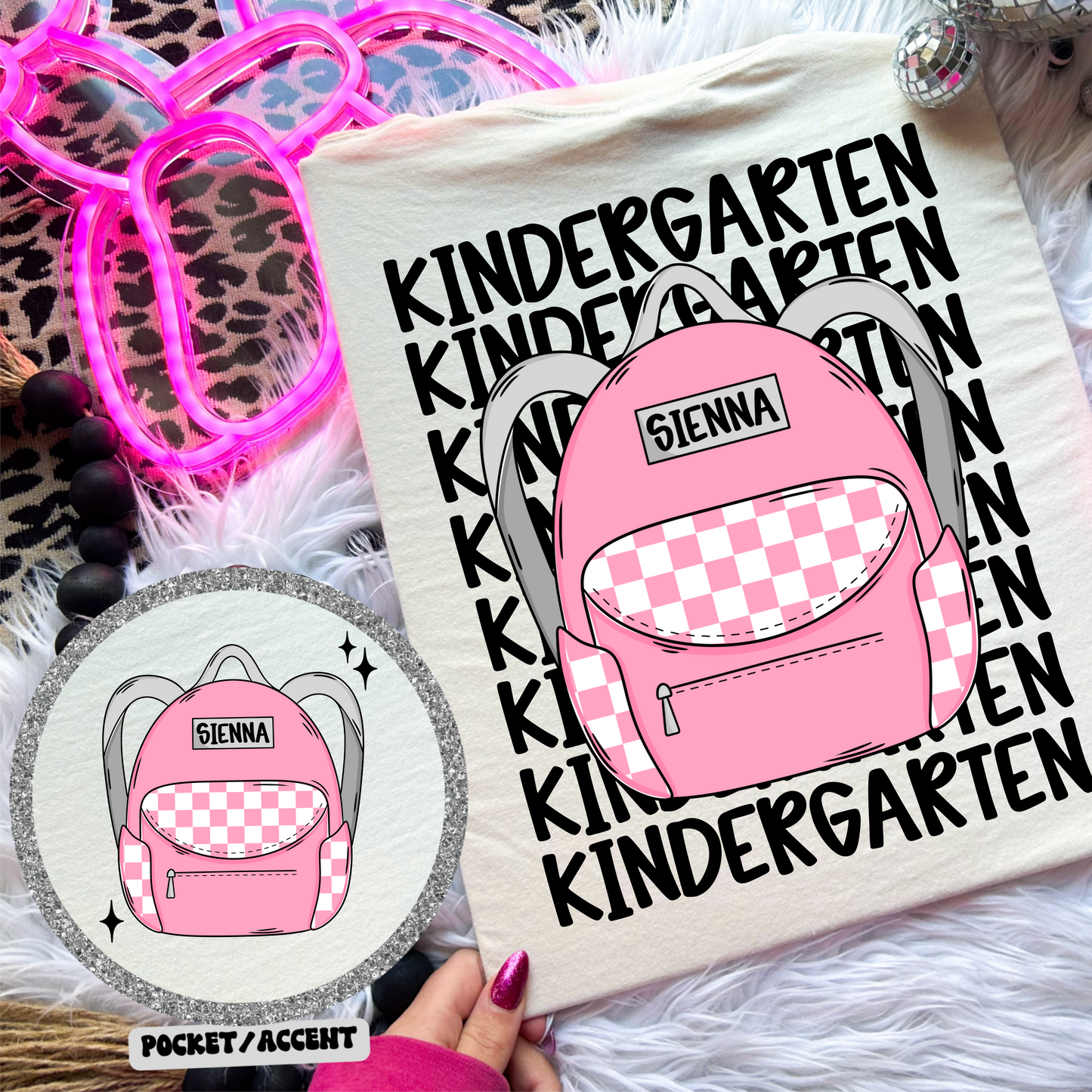 Customizable Pink Kindergarten Backpack (pocket/black)
