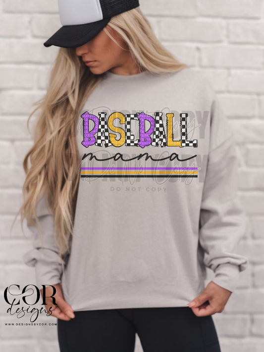 Baseball Mama Checkered Purple And Gold