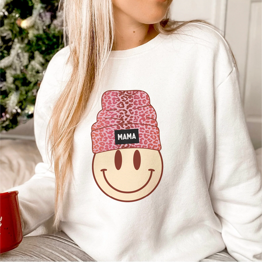 Mama, pink cheetah print beanie smiley