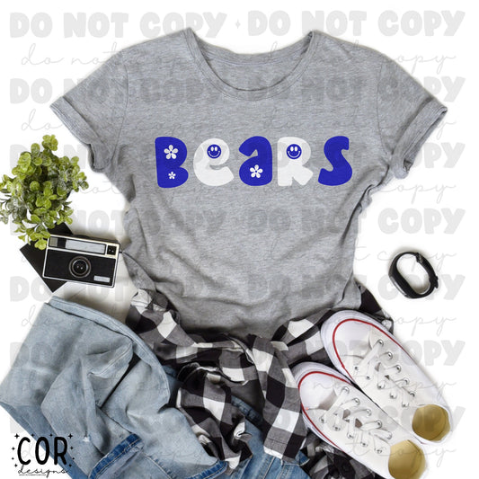 Bears Blue And White Flowers And Smiley Faces