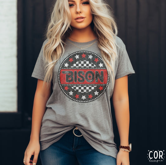 Bison White And Red Stars With Checkered Circle